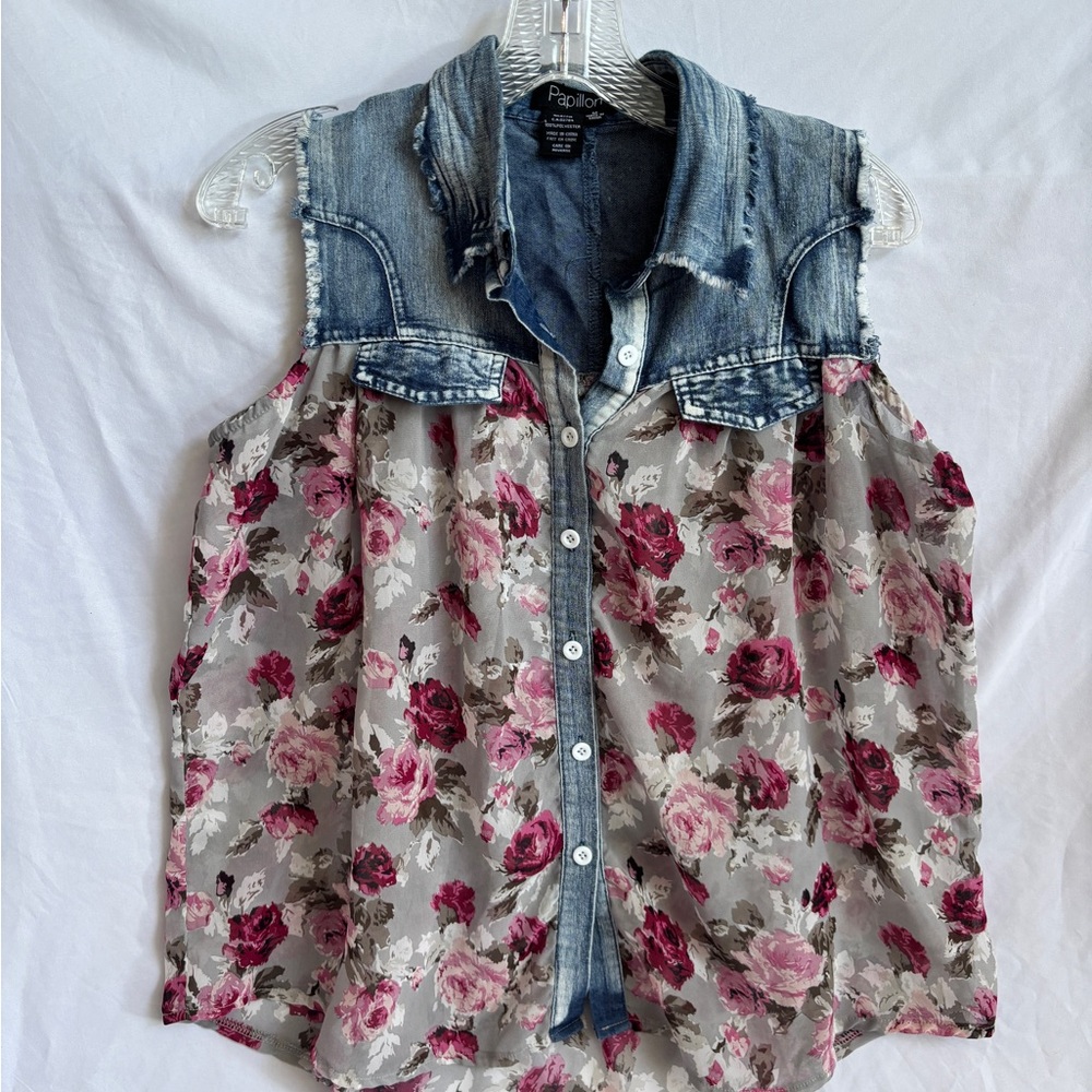 Papillon Blanc Floral Denim Tank Top - Pink and Blue